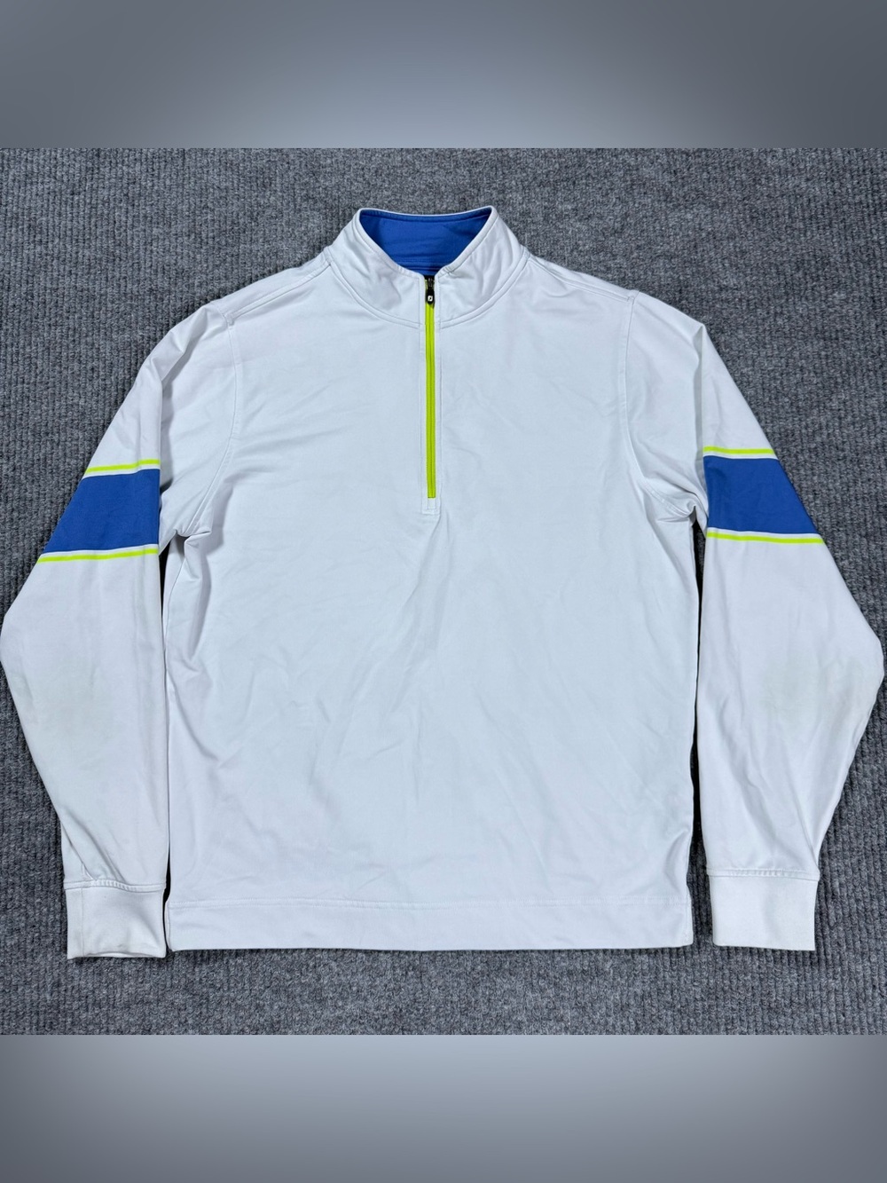 FootJoy FJ Golf Pullover Mens Medium White Royal Blue Neon Lime 1/4 Zip Sweater